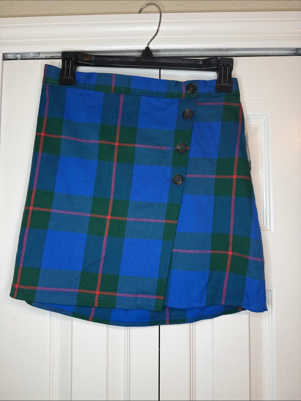 SO Blue and Green Plaid Button Mini Skirt